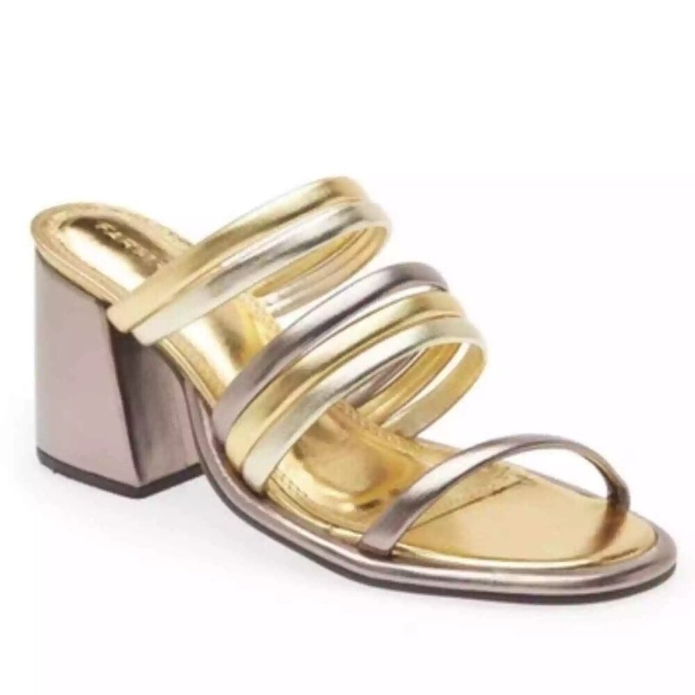 Farm Rio Sandal Block Heel Slide Gold Silver Strappy Women's Size 9